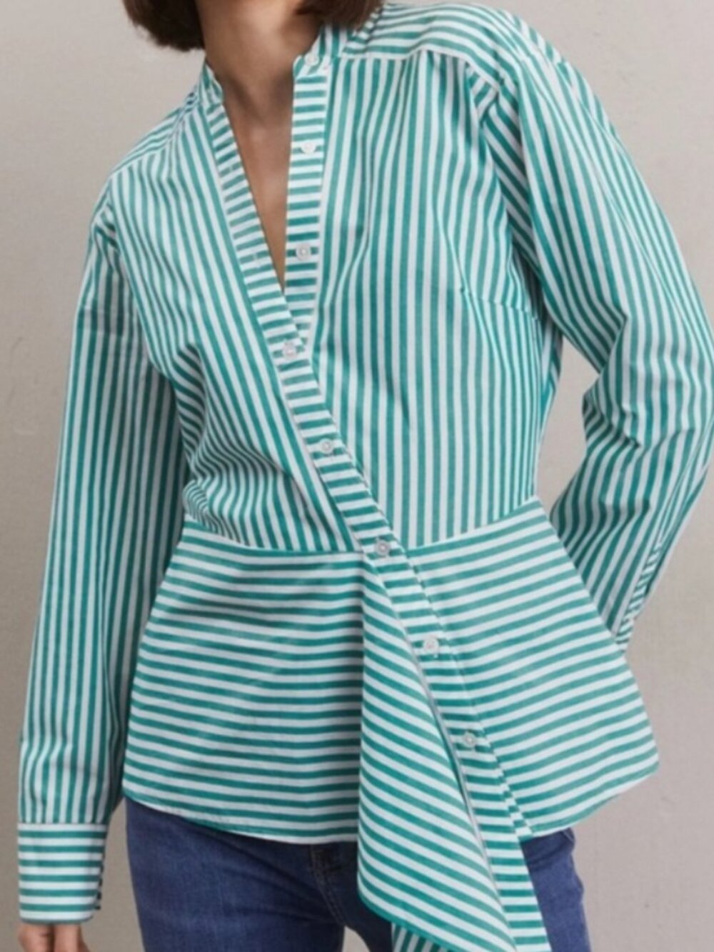Veronica Beard Claude Green White Striped Cotton Button Asymetrical Top M NWT